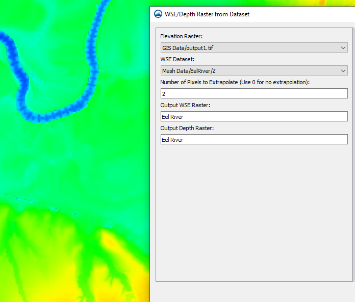 Example of the WSE/Depth Raster from Dataset tool