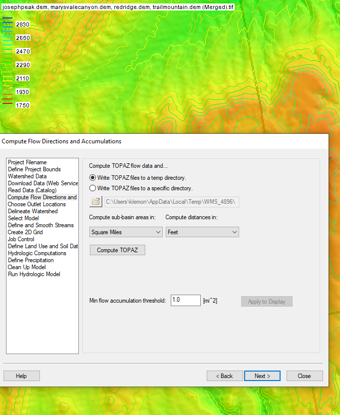 Example of the Watershed Delineation Wizard in WMS