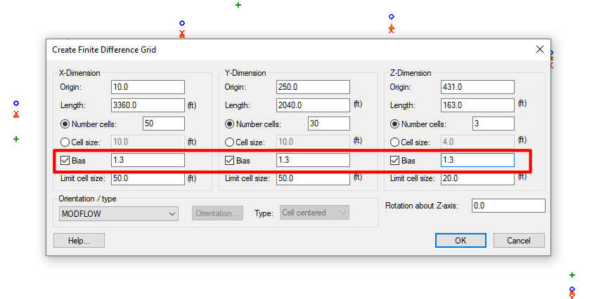 Example of the Create Finite Difference Grid dialog showing the bias option